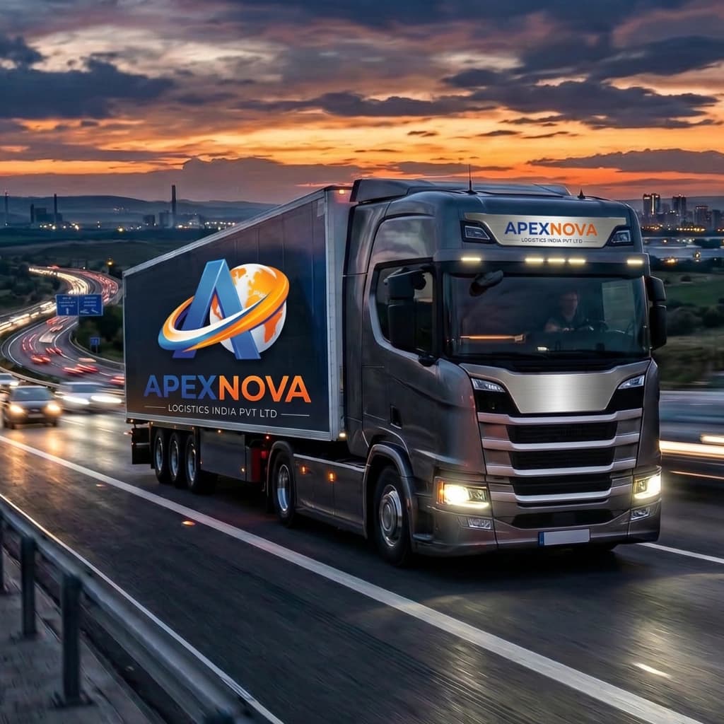 Apexnova Logistics freight truck on Indian highway at dusk
